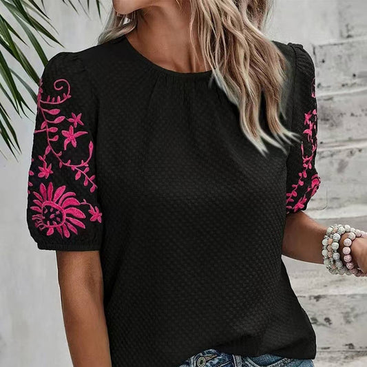 Round-neck embroidered puffed sleeve pullover