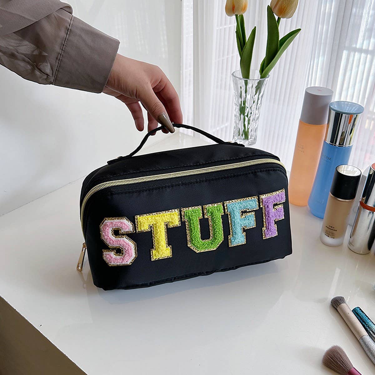NYLON HAND-HELD FLOCKING LETTER COSMETIC BAG_CWAB4383