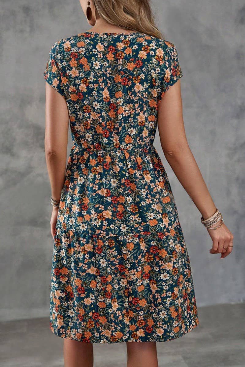 CWDSD8379_PRINTED ELASTIC WAIST SHORT SLEEVE DRESS