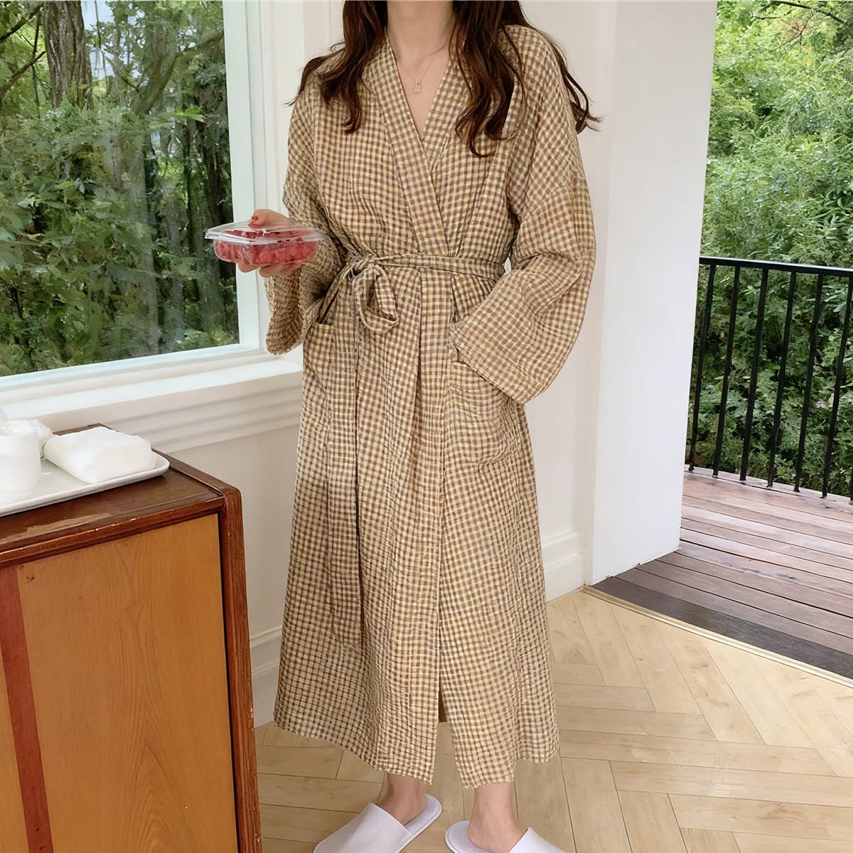 Long front-opening laced home gown gown