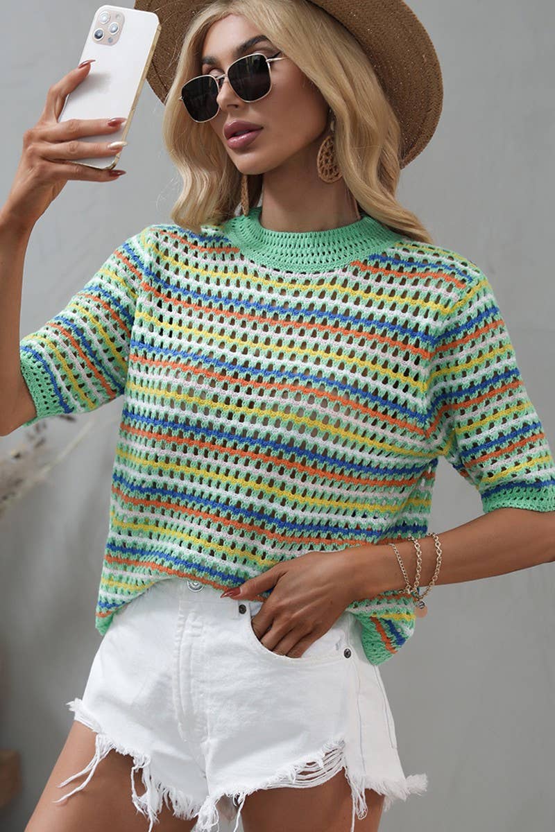 Cwtts0736_Crochet Short Sleeve Pullover Sweater