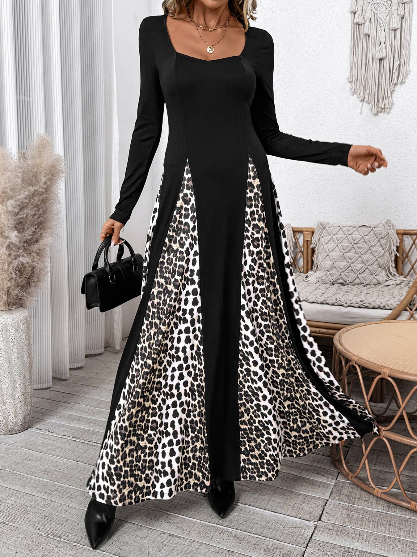 LEOPARD-PRINT PATCHWORK VINTAGE A-LINE DRESS