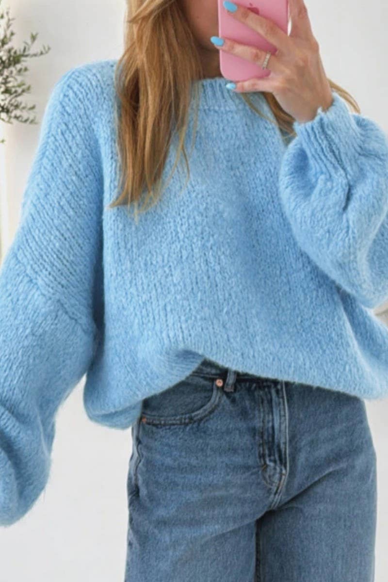 CWOSWL07452_LOOSE LANTERN SLEEVE CREW NECK KNIT SWEATER