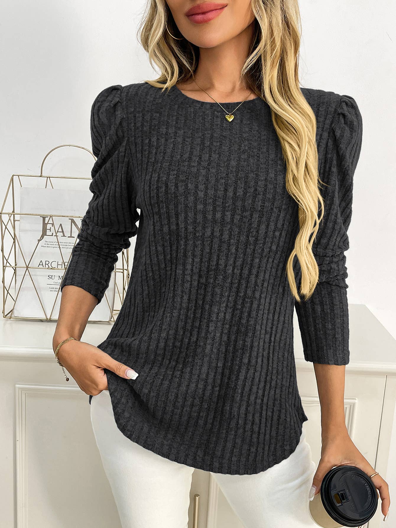 Round-neck puffed-sleeve brushed striped T-shirt