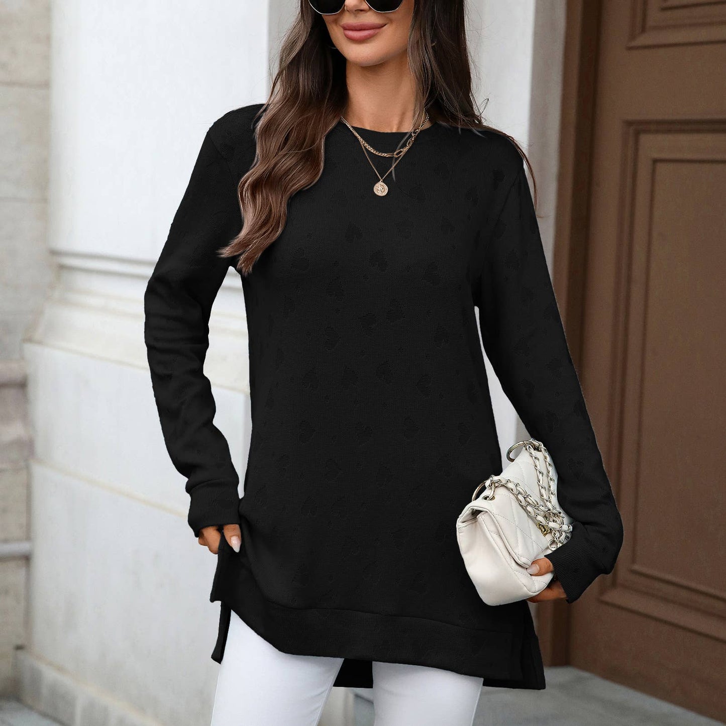 Solid-color round-neck long-sleeved slit T-shirt