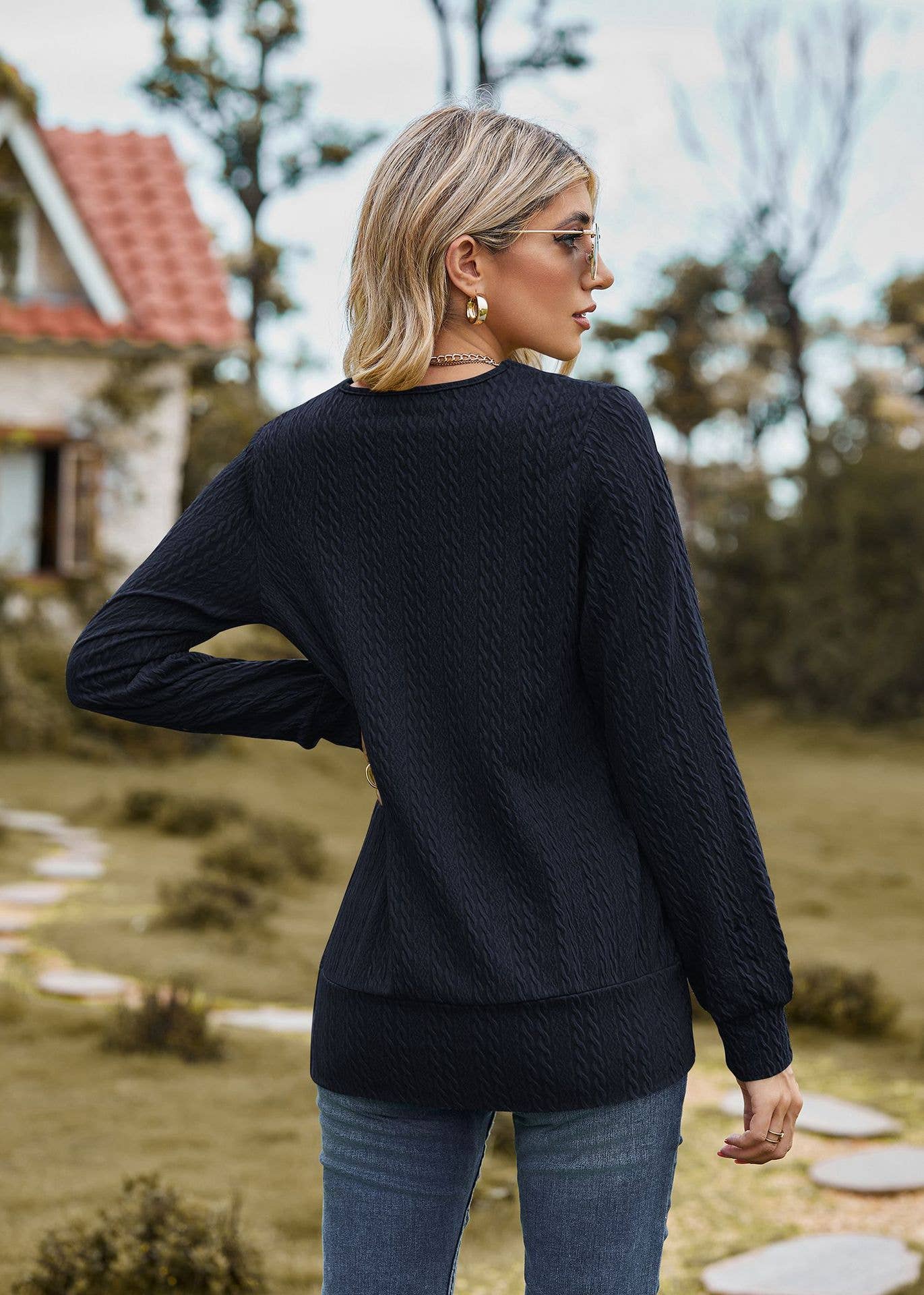 SQUARE NECK CROSS LONG SLEEVE LOOSE T-SHIRT