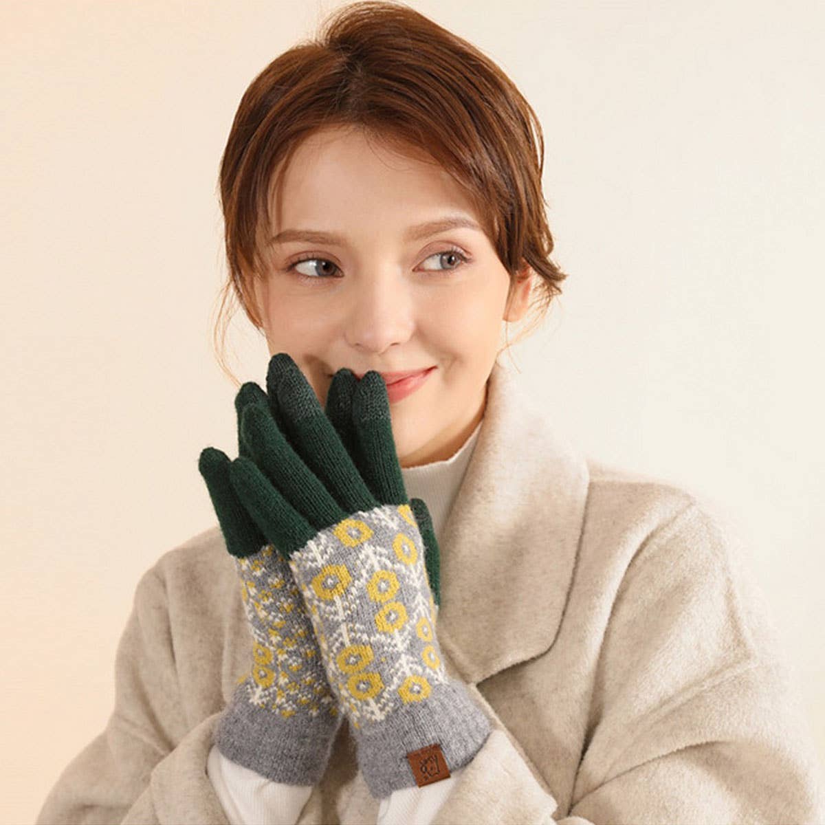 CONTRAST COLOR WOOL KNITTED JACQUARD WARM GLOVES
