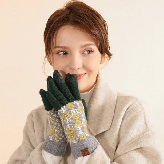 CONTRAST COLOR WOOL KNITTED JACQUARD WARM GLOVES