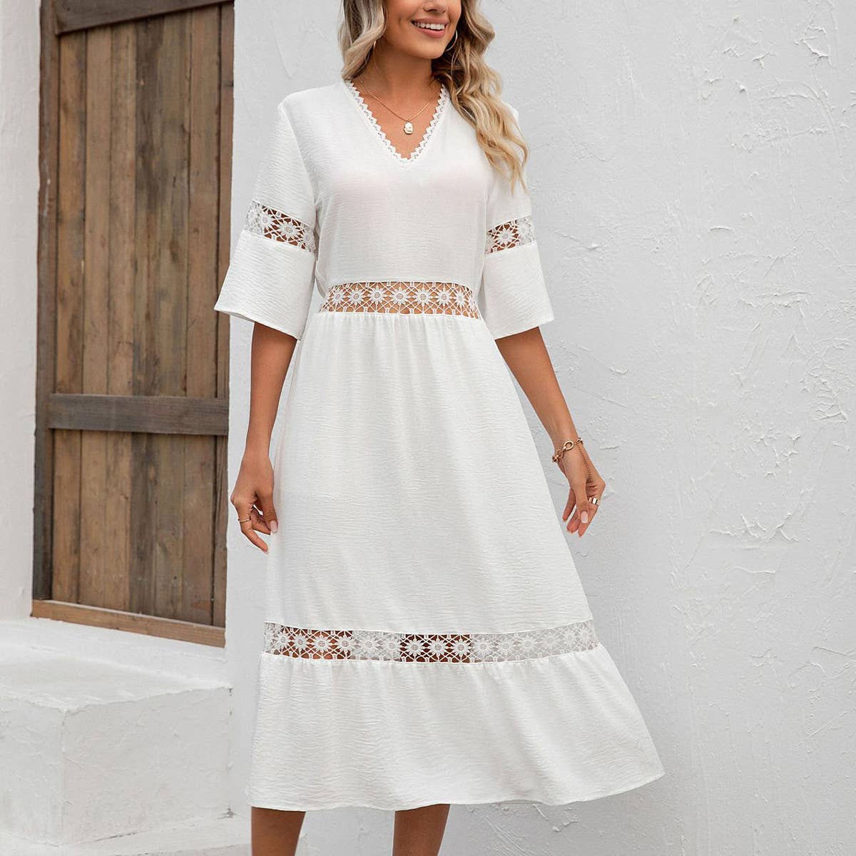 V-NECK CUTOUT LACE PATCHWORK MID-WAIST DRESS