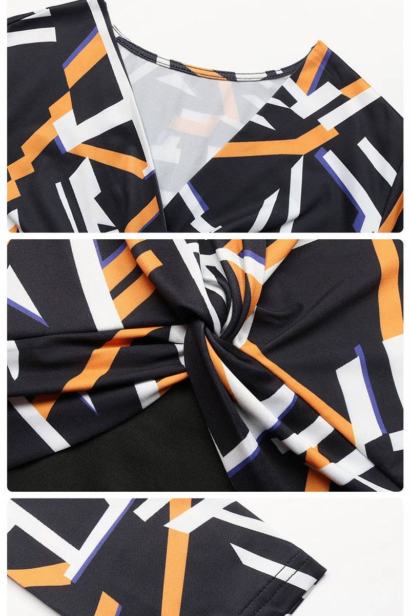 CWDMD4683_V-NECK HIGH WAIST GEOMETRIC PATTERN HIP DRESS