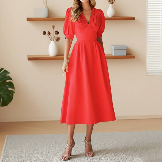 Solid-color V-neck lantern sleeve fitted dress