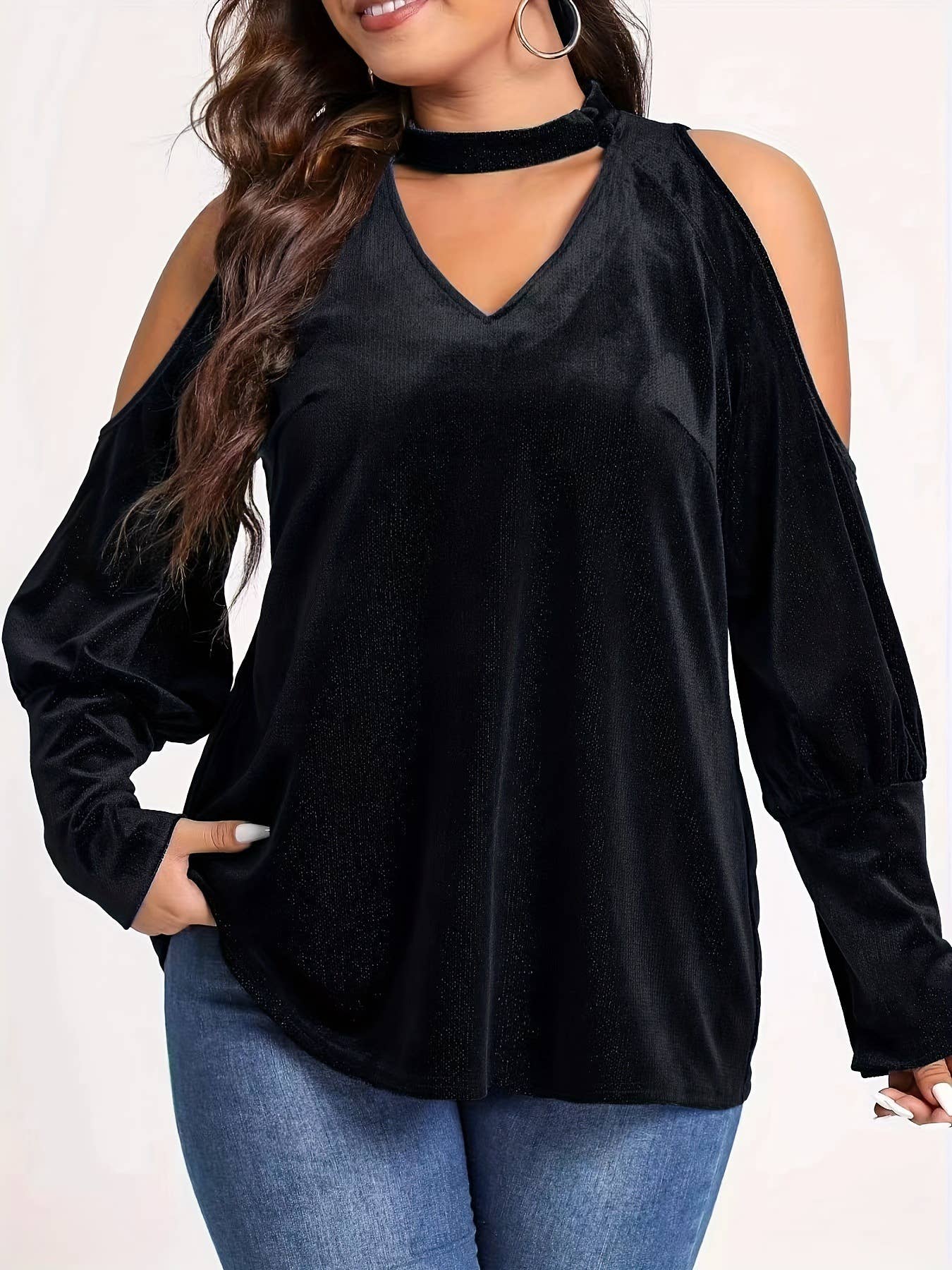 SEQUINED V-NECK LOOSE LONG-SLEEVED TOP