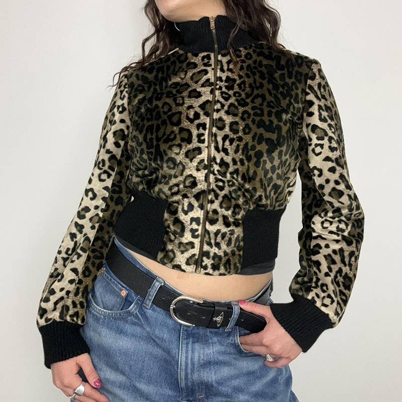 LEOPARD PRINT ZIPPERED VELVET JACKET STAND-UP
