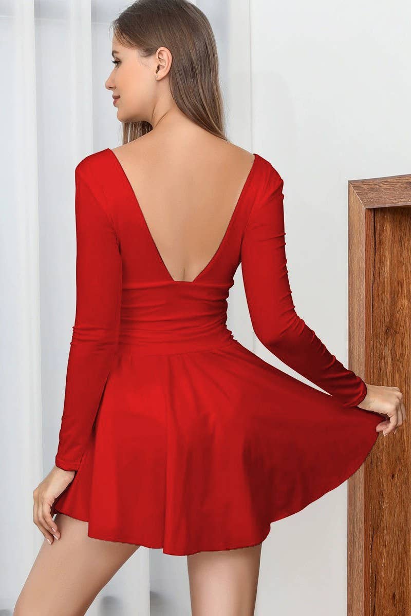 AUTUMN WINTER DEEP V PLEATED BODYCON DRESSCWDSD10783