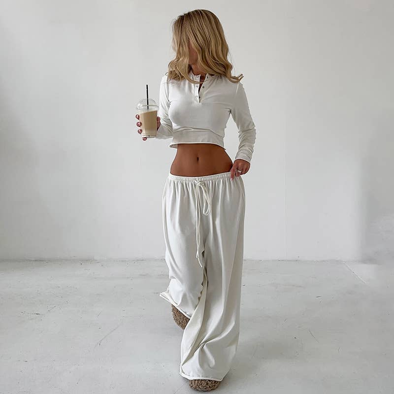 Round-neck solid crop top wide-leg pants set