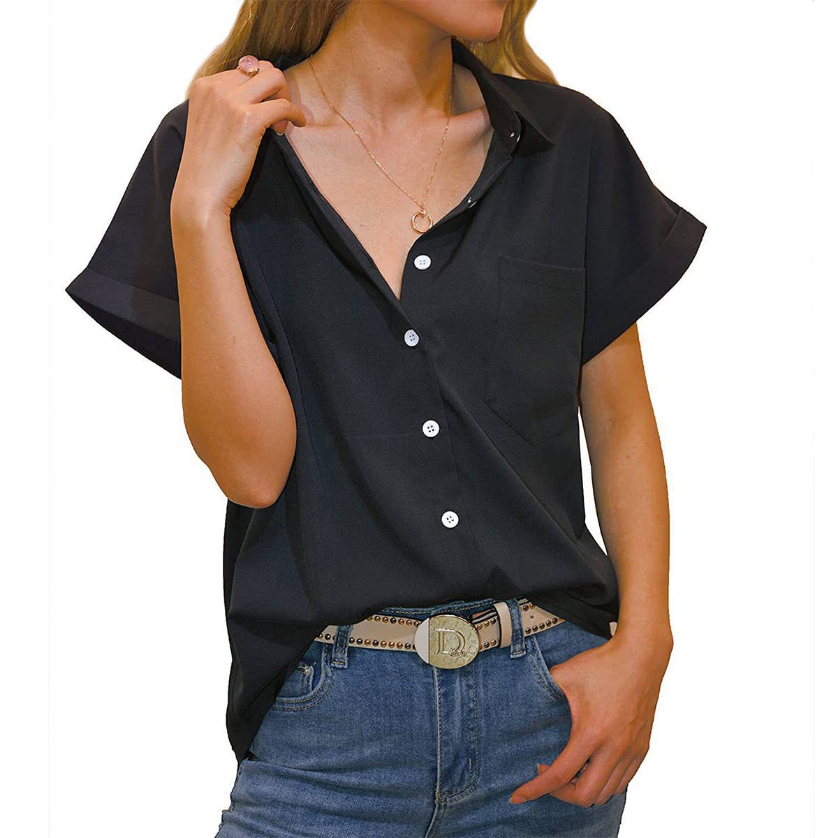 V-NECK BUTTON-DOWN SHIRT TOP