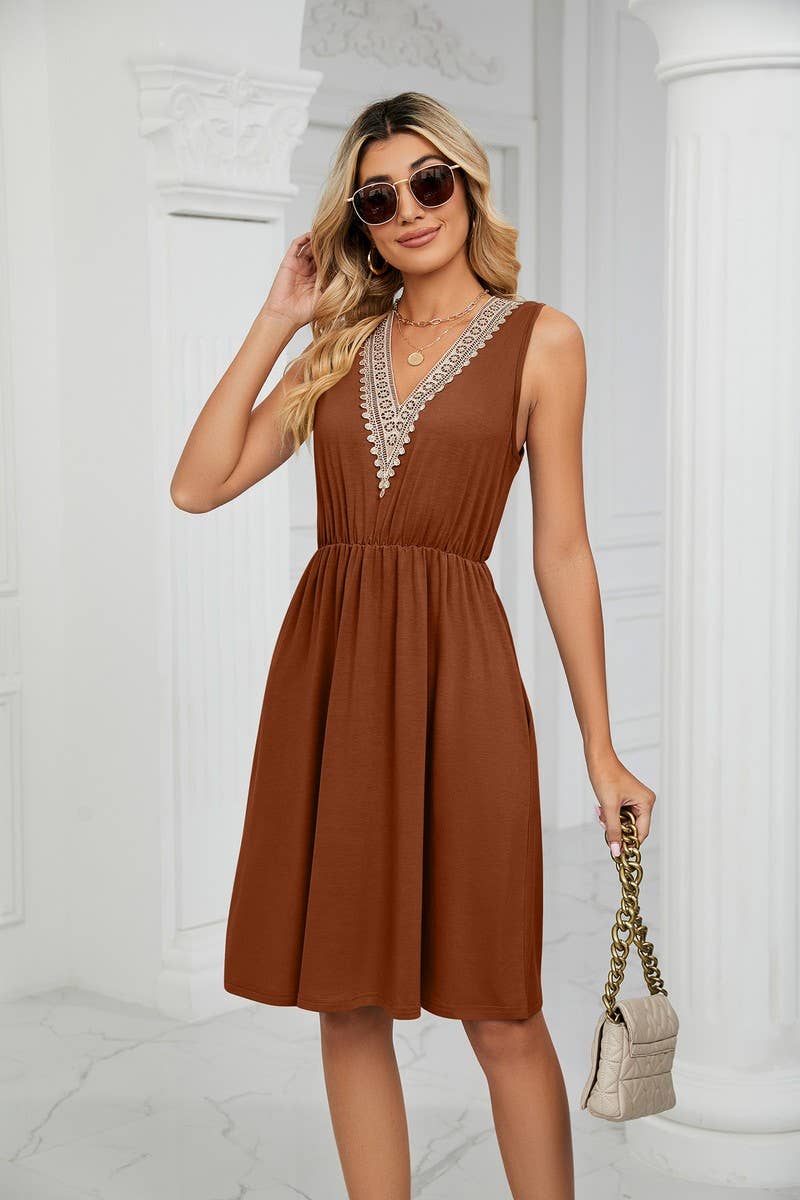 CWDSD3116_V-Neck Lace Trim Sleeveless Dress
