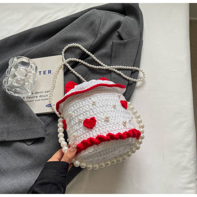 Personalized cake-shaped pearl chain knitted bag