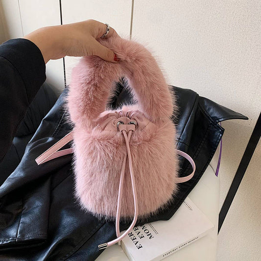 WINTER IMITATION FOX FUR HANDBAG PLUSH BUCKET BAG_CWAB3965