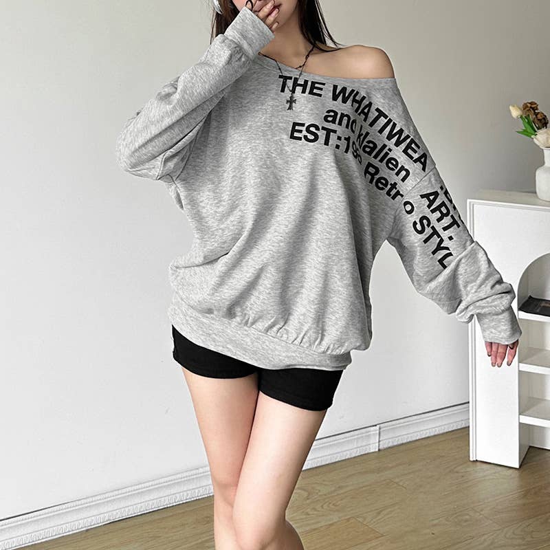 SLANT SHOULDER LETTER-PRINT LOOSE PULLOVER HOODIE