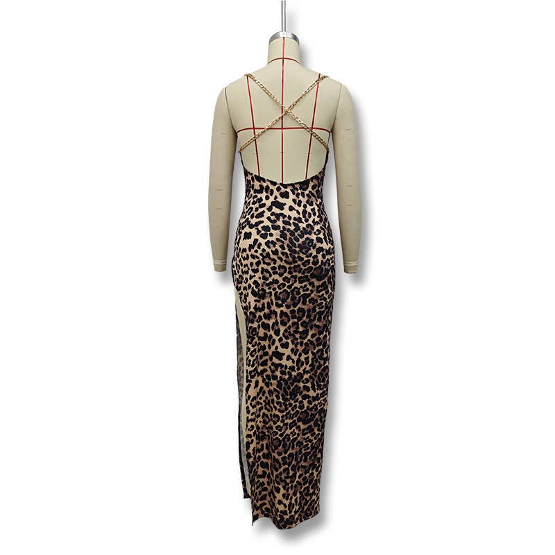 Irregular high-slit fashionable leopard dress