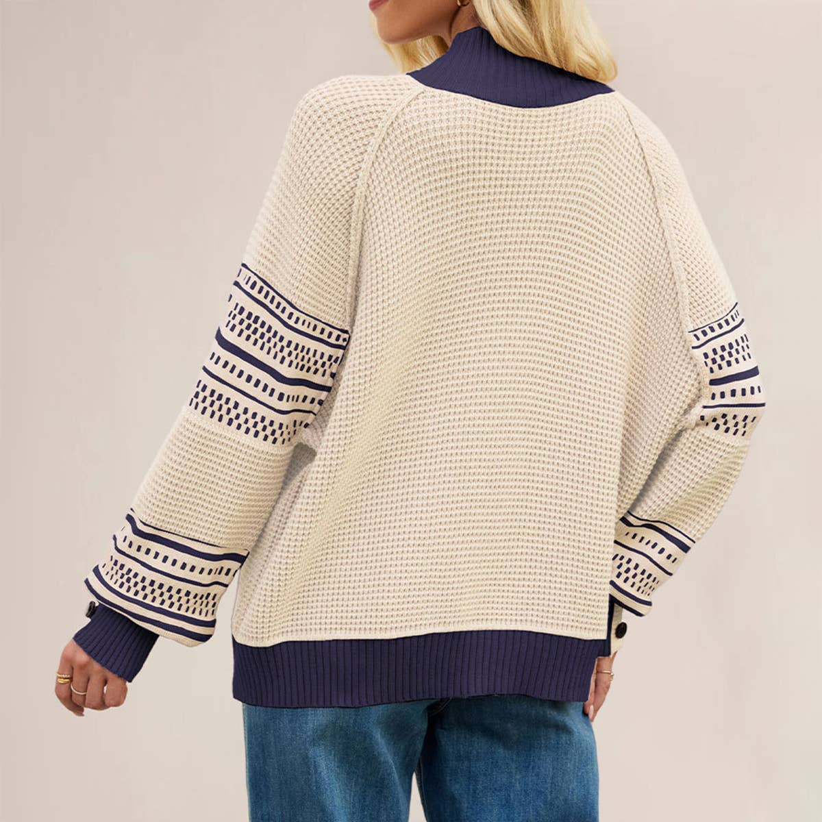 Knitted color-blocked semi-high-neck sweater
