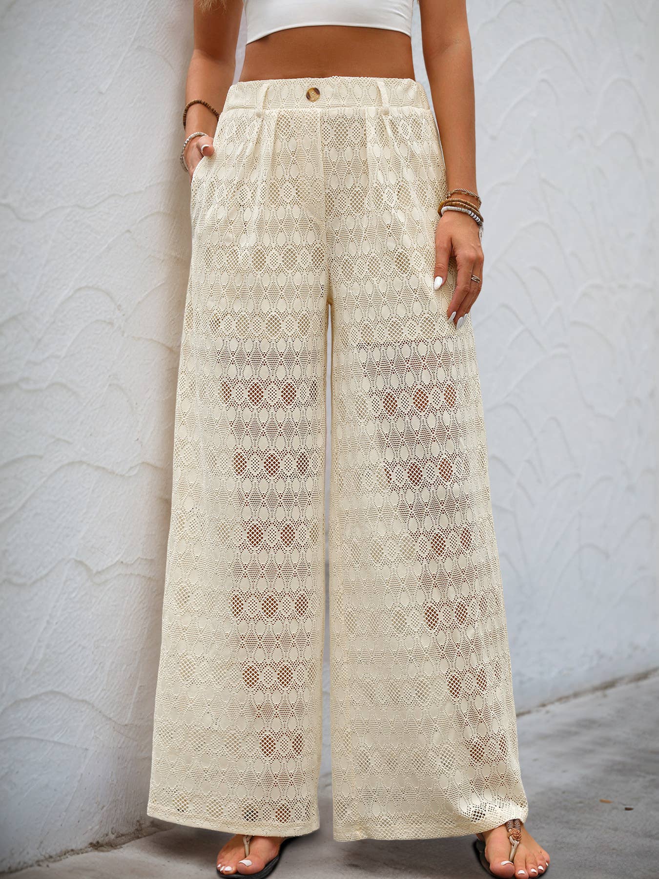 High-waisted loose see-through wide-leg pants