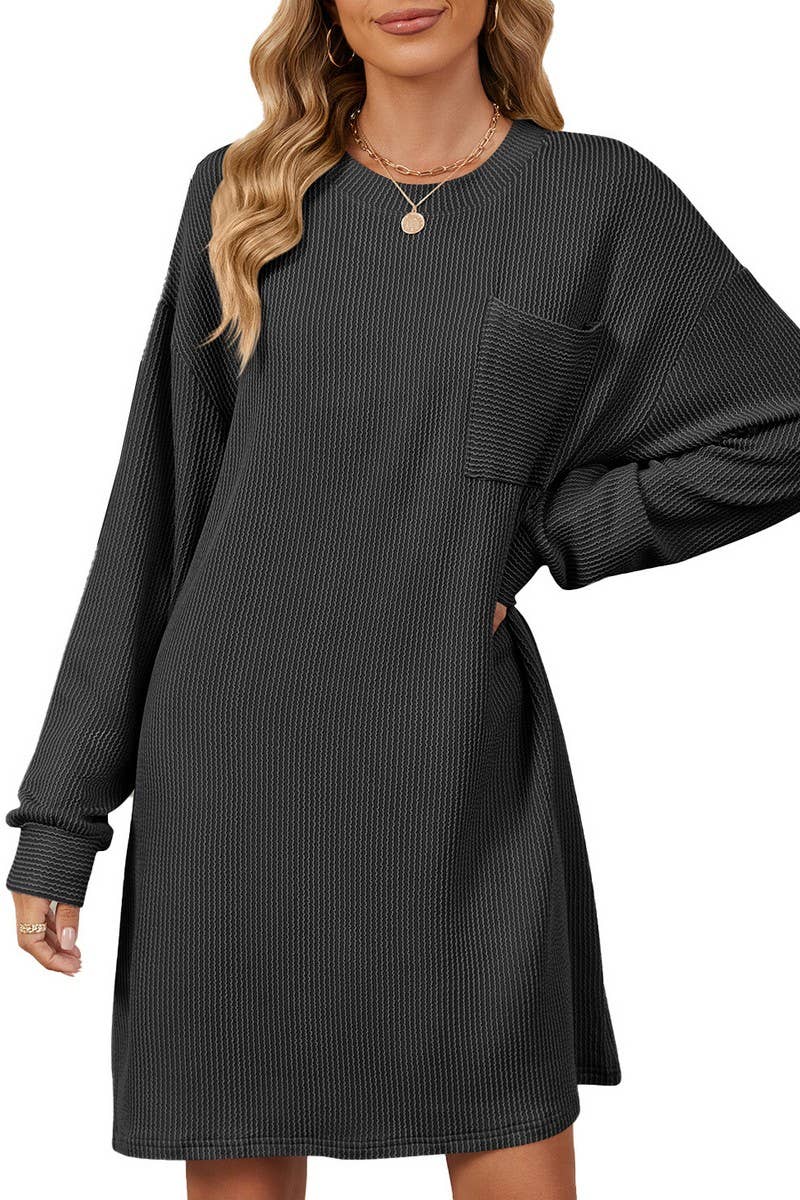 CWDSD6364_ROUND NECK STRIPED POCKET LONG SLEEVE DRESS