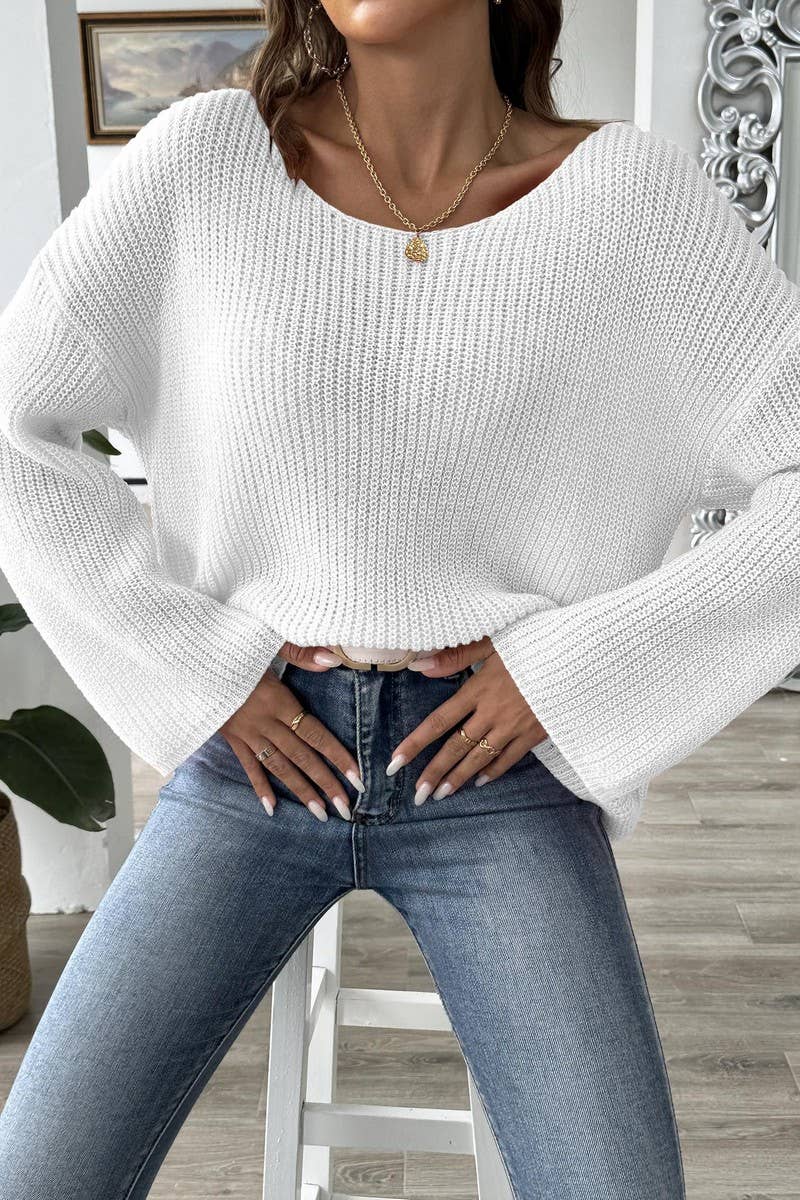 CWOSWL07325_WOMEN OFF-SHOULDER BELL SLEEVE KNIT SWEATER