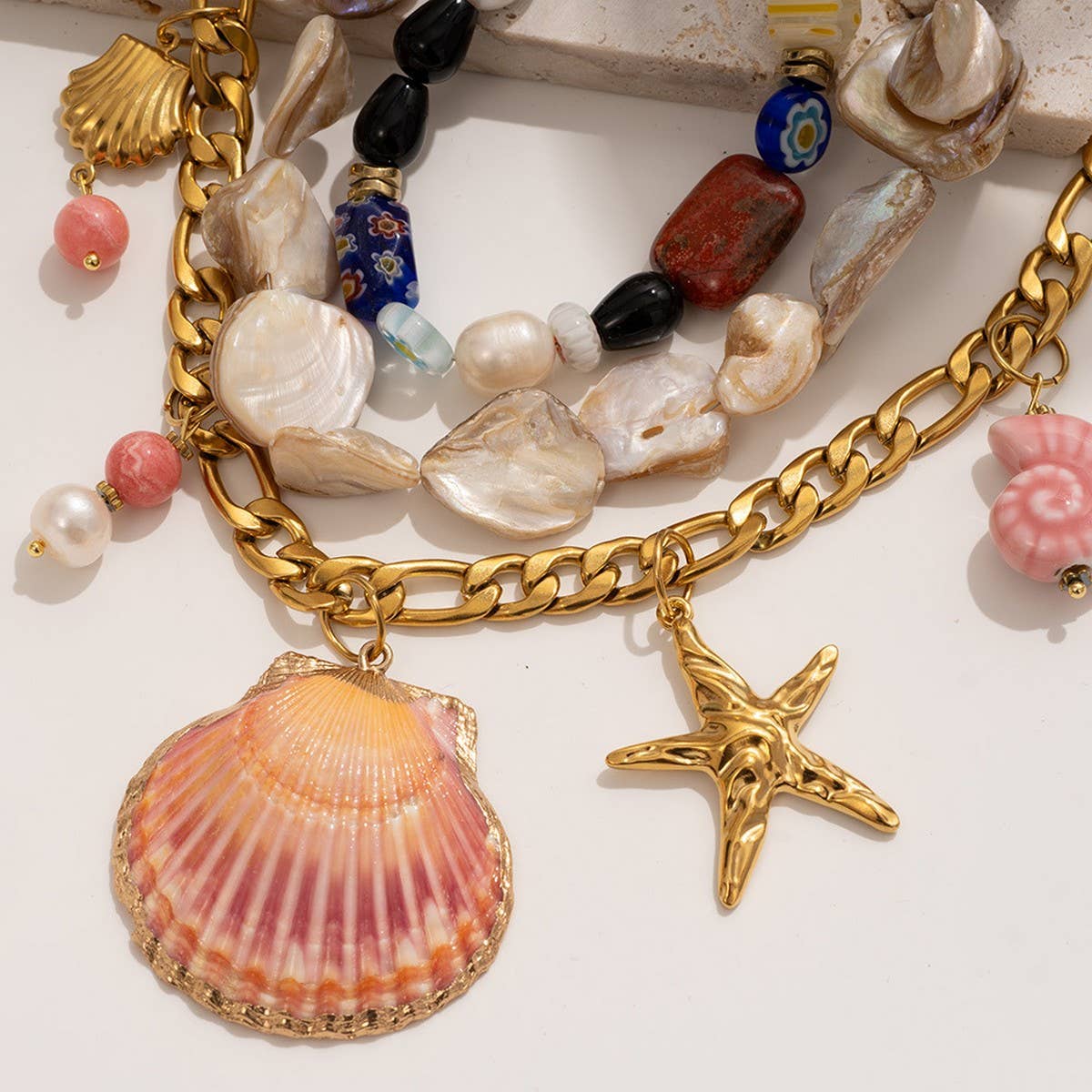 Large Shell & Starfish Beaded Figaro Necklace_CWMM7534