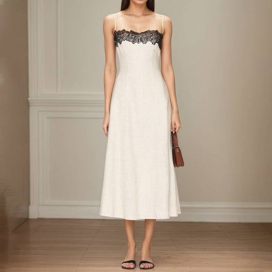 Stylish lace color off-the-shoulder halter dress