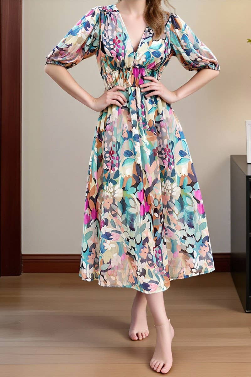 CWDMD00966_ELEGANT WAIST V-NECK CHIFFON DRESS