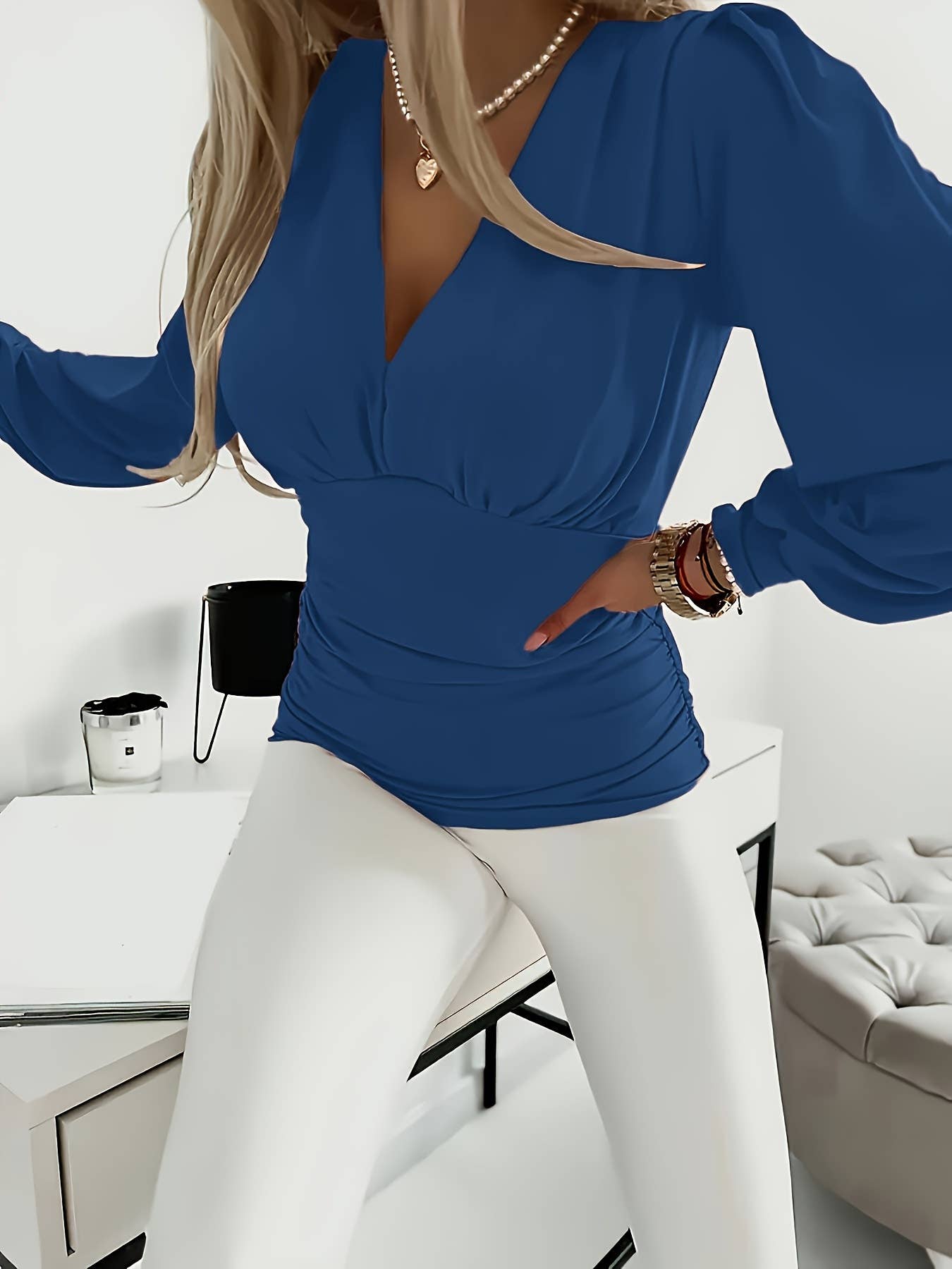 LONG SLEEVE FASHION V-NECK SOLID COLOR CASUAL TOP