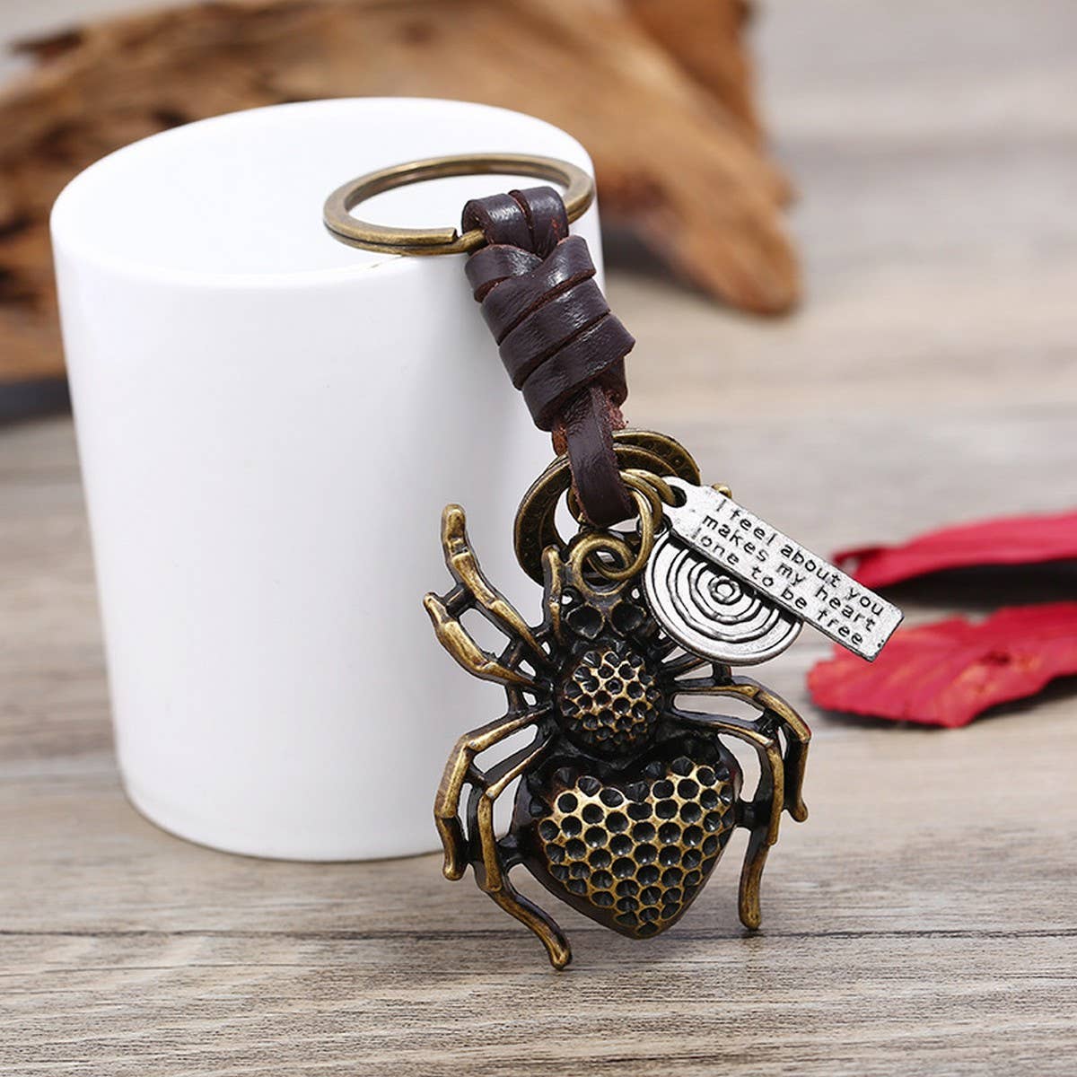 VINTAGE ALLOY SPIDER COWHIDE KEYCHAIN