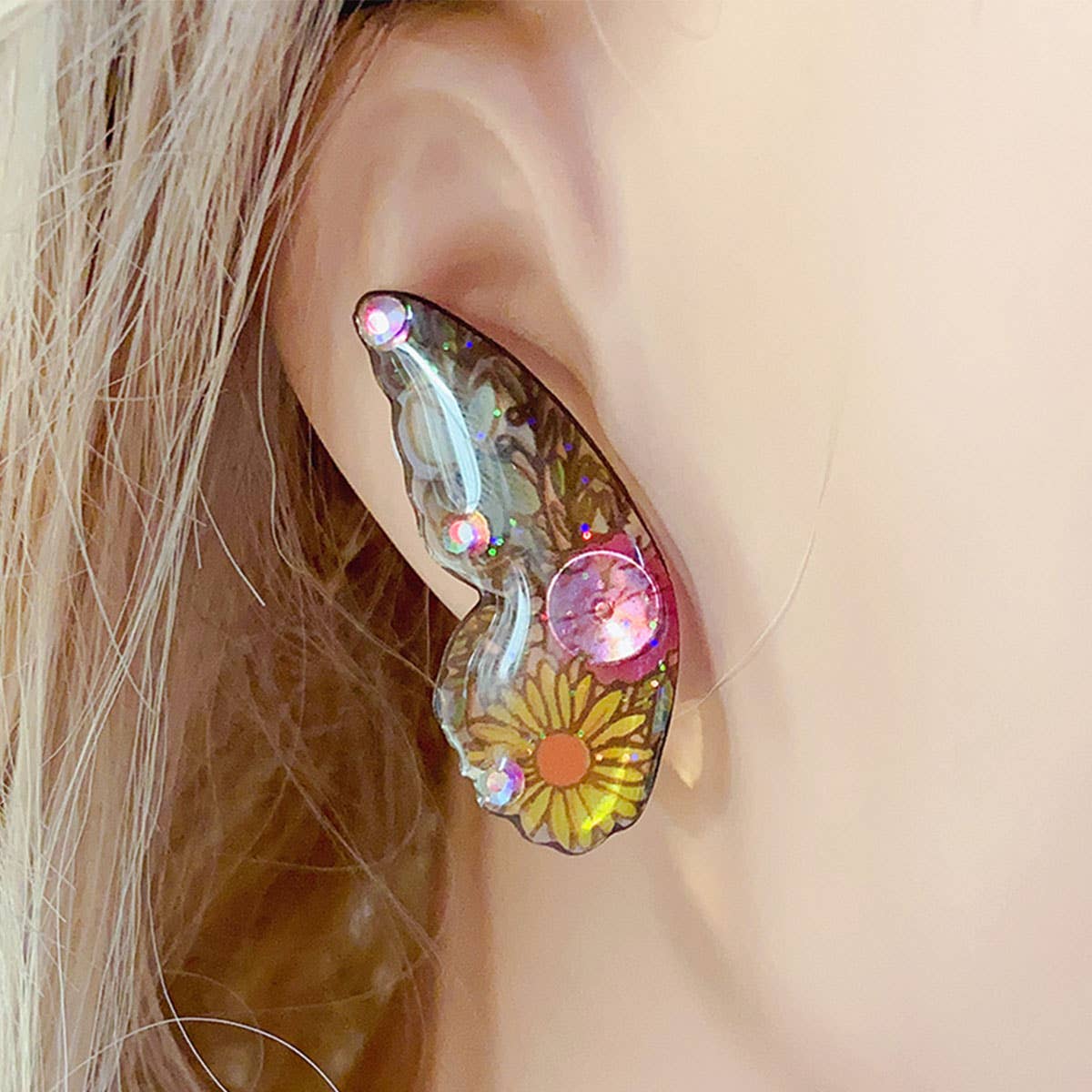 Painted ear studs with simulated butterfly wings