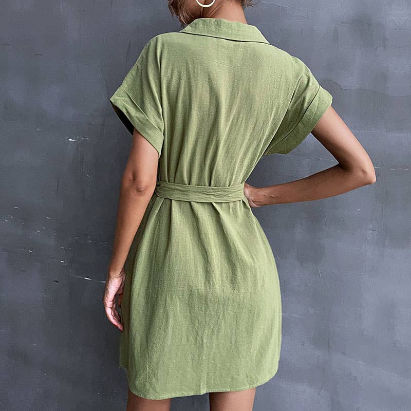 Lace-up short sleeve shirt cotton linen dress