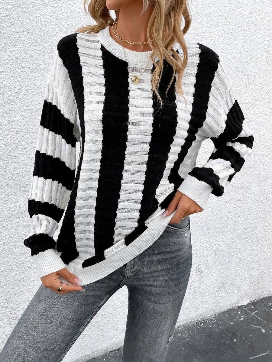 Stripe hollowed-out long-sleeved knitted sweater
