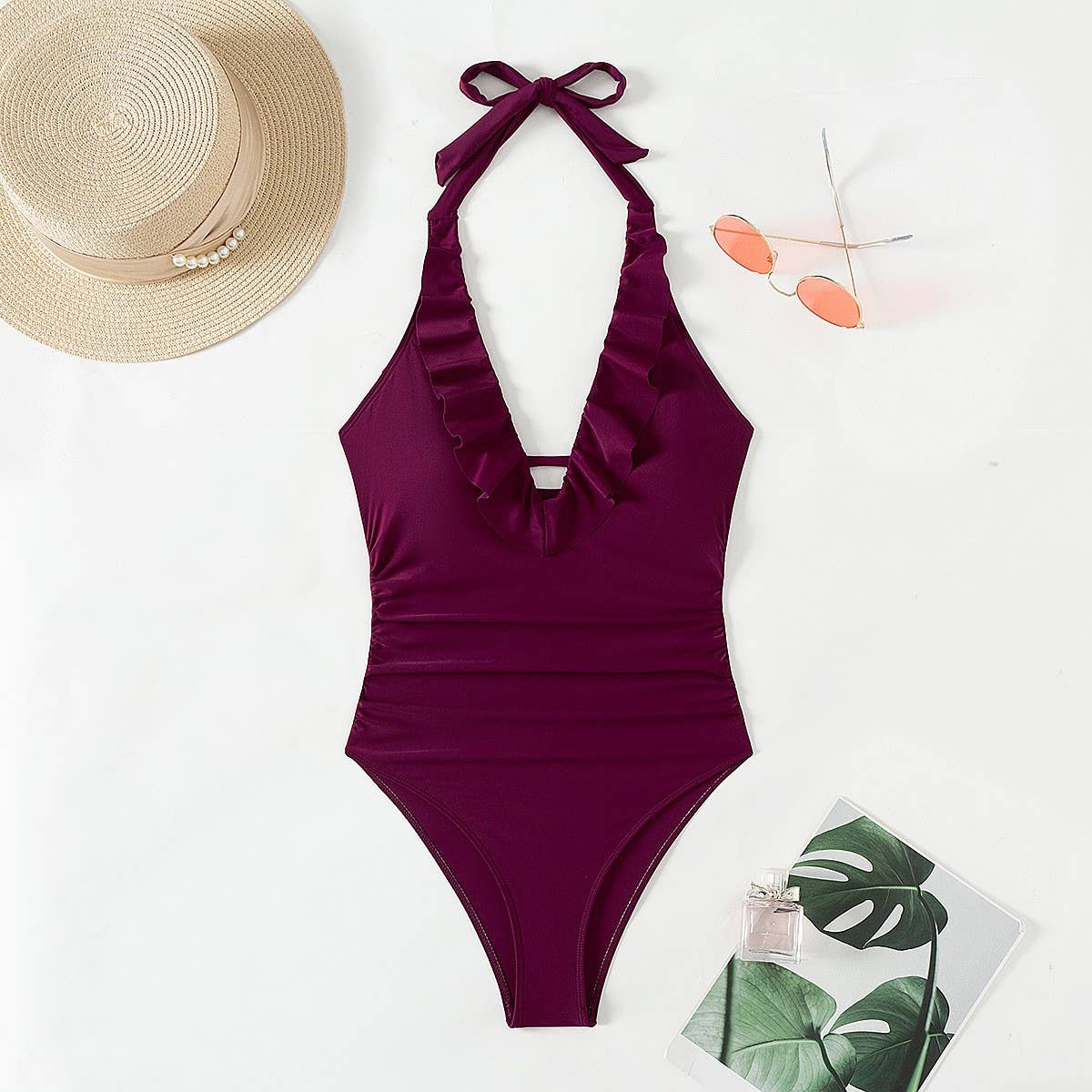 WOMEN'S BACKLESS RUFFLED ONE-PIECE SWIMSUIT