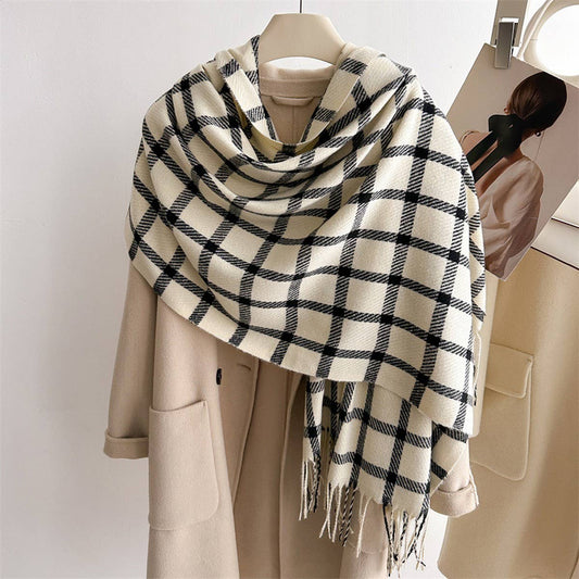 Warm Plaid Wrap Scarf with Soft Fringe Trim