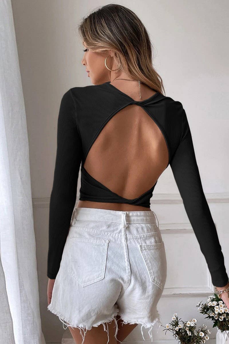 SEXY HALTER BACK SLIM KNIT LONG SLEEVE T SHIRT_CWTSTL1094