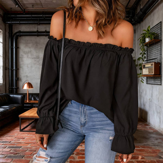 Solid-color pullover sexy off-the-shoulder shirt