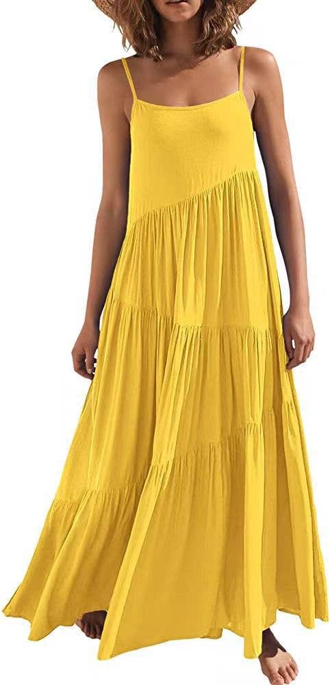 Pleated loose solid-color long beach halter dress