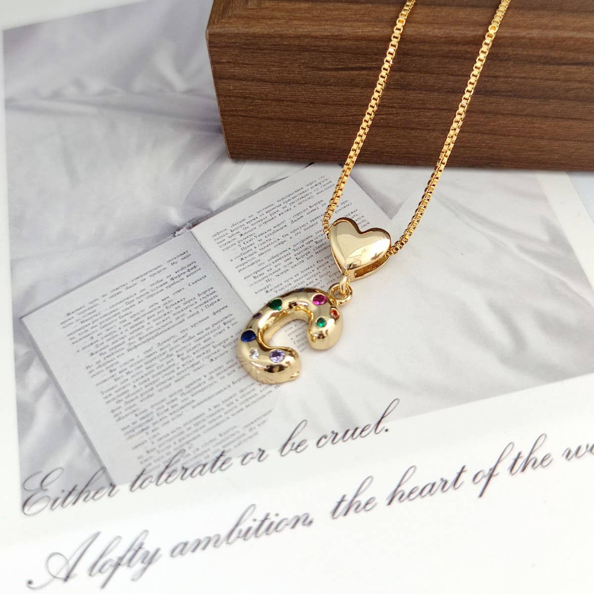 Colorful Zirconia Heart Letter Pendant Necklace