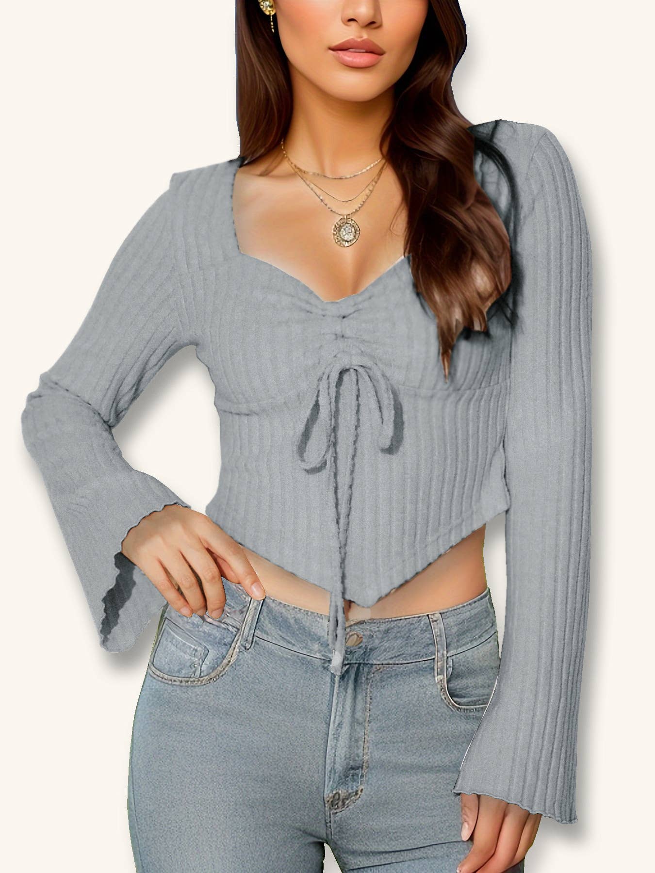 V-NECK TRUMPET SLEEVE SLIM-FIT CROP TOP