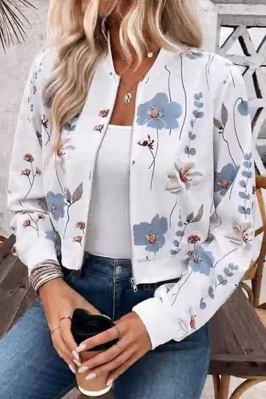 CWOCO1135_FLORAL PRINT LONG SLEEVE CROPPED ZIP-UP JACKET