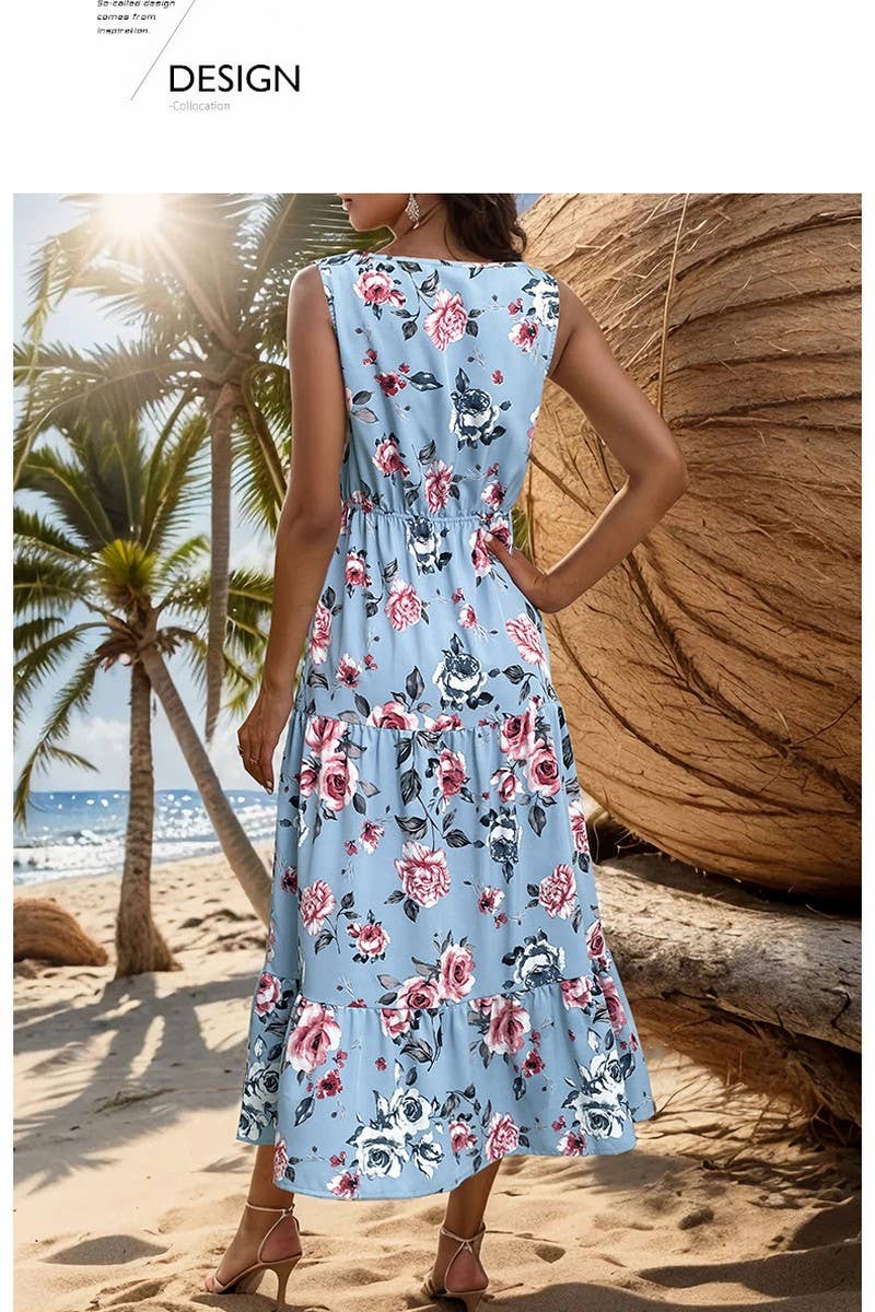 CWDMD1872_V-NECK SLEEVELESS LAYERED PRINT MIDI DRESS
