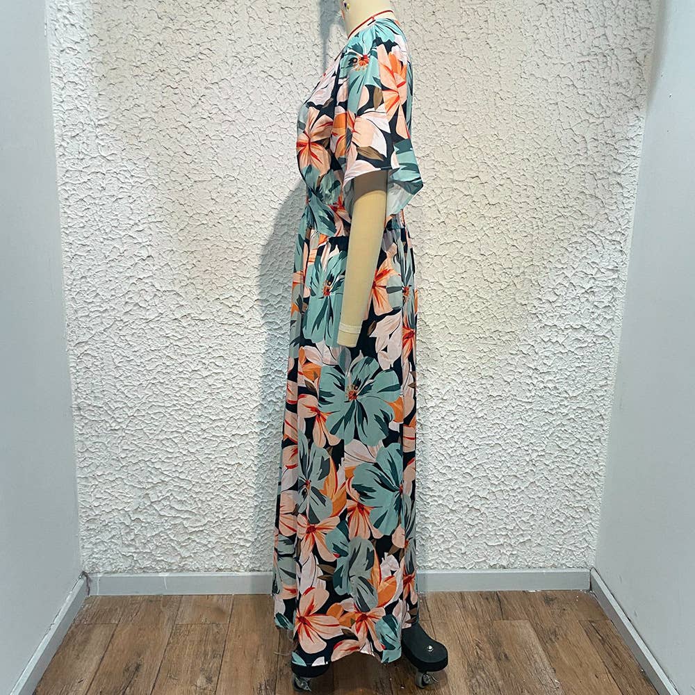 STYLISH V-NECK SLITS PRINT DRESS