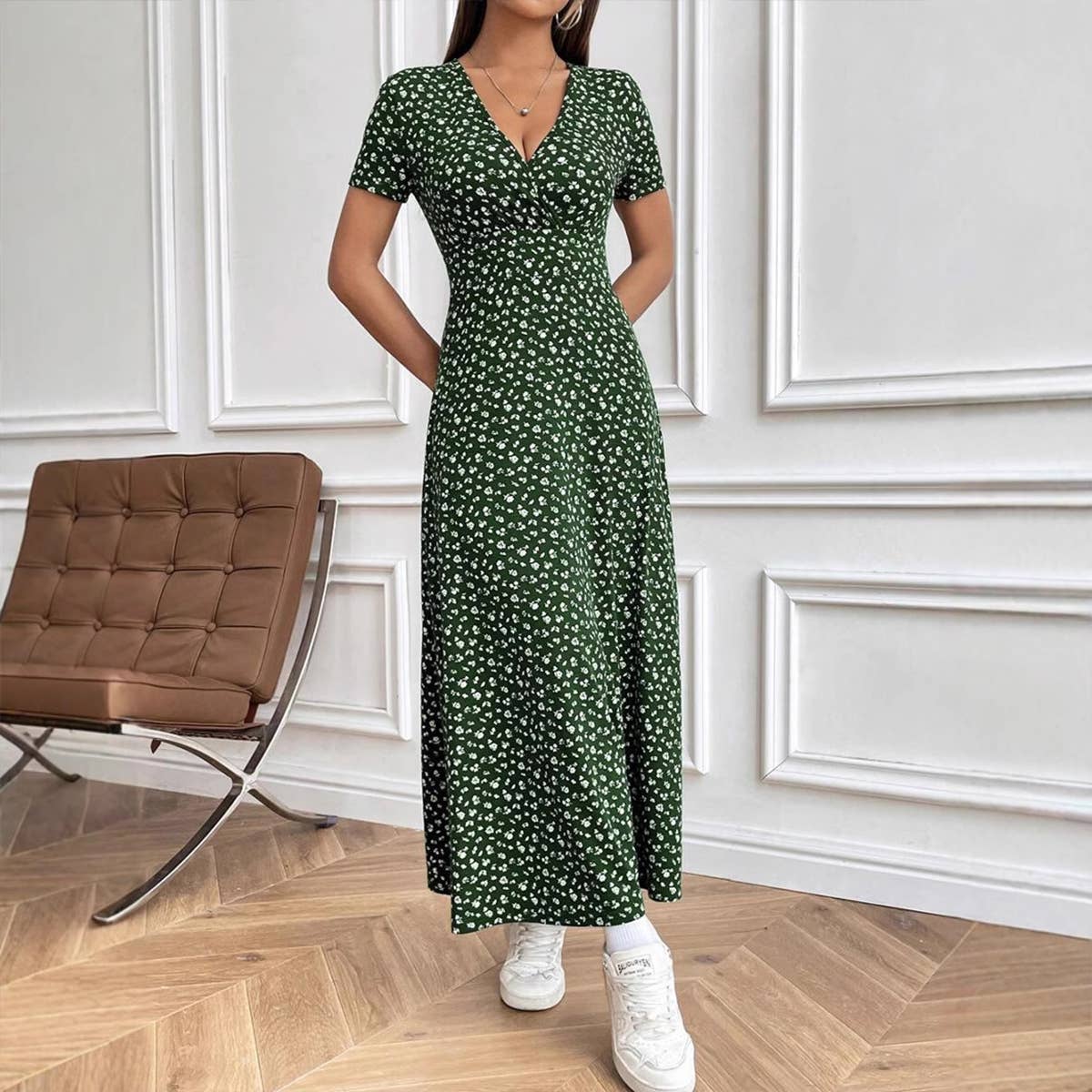 V-neck elegant cinched waist casual floral dress