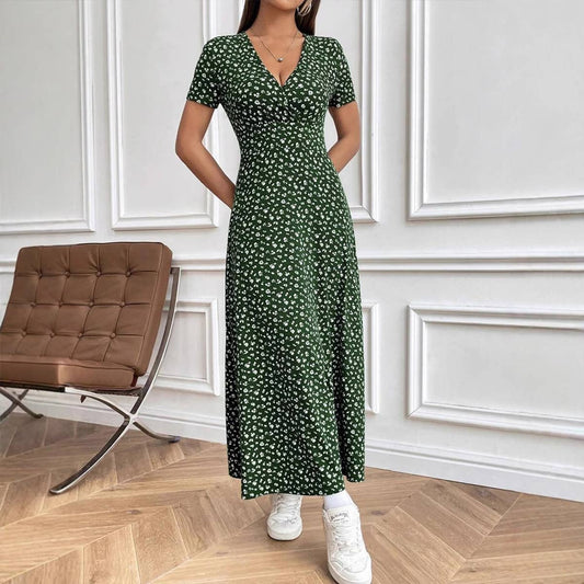 V-neck elegant cinched waist casual floral dress