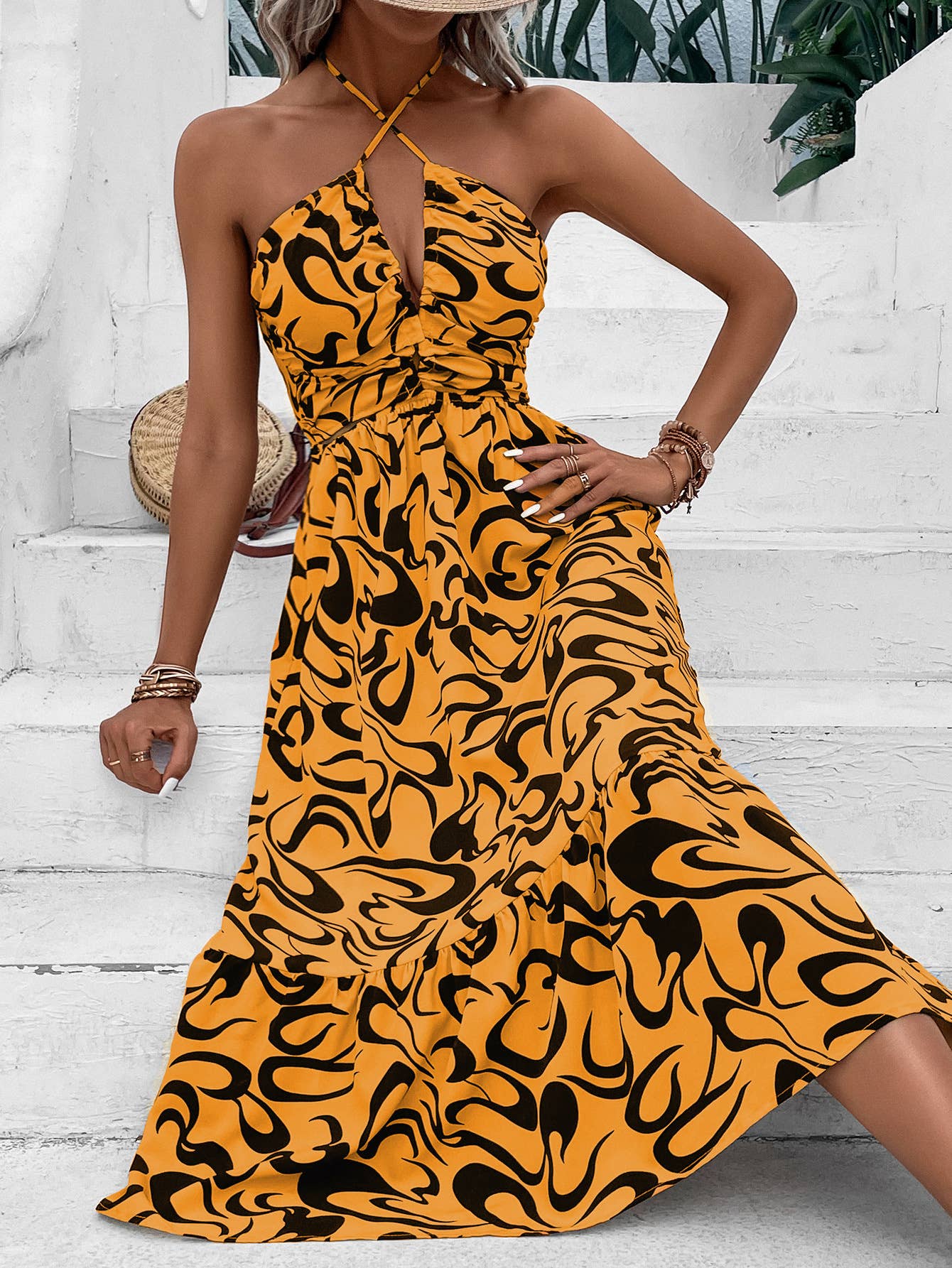 Sleeveless cross-halter high-waisted long dress